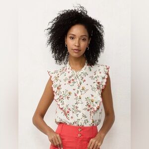 Excellent condition LC top xl Floral Ruffle Red Trim Button Up Sleeveless Blouse